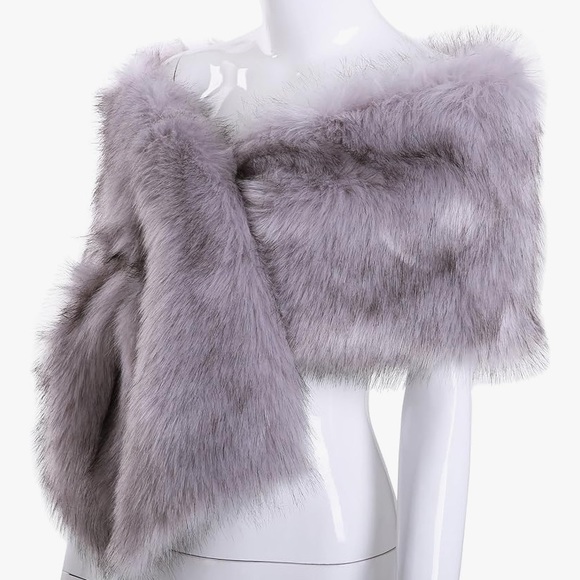 Bridal Wrap Shaul fake fur light gray color - Picture 8 of 13